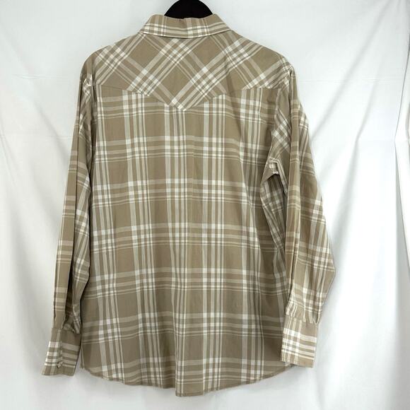 Vtg Wrangler Pearl Snap Western Shirt Mens Large Tan White Plaid Spring Shirt - Picture 2 of 5